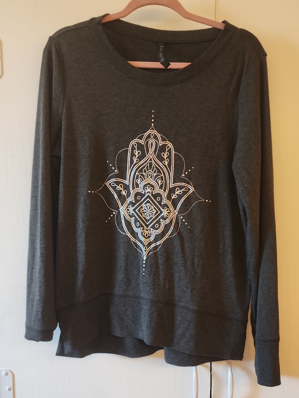 GAIAM Charcoal Pullover Sweatshirt with White and Gold Mandala Graphic